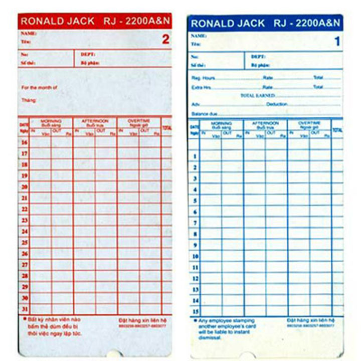  Thẻ Giấy Chấm Công Ronald Jack TCC 